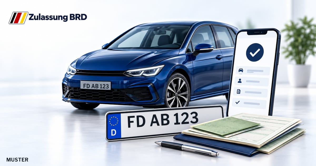 Online Fahrzeugzulassung in Gersfeld (Rhön): Musterkennzeichen FD AB 123, Auto und Fahrzeugpapiere und Smartphone. Illustration mit Logo von Zulassung BRD.